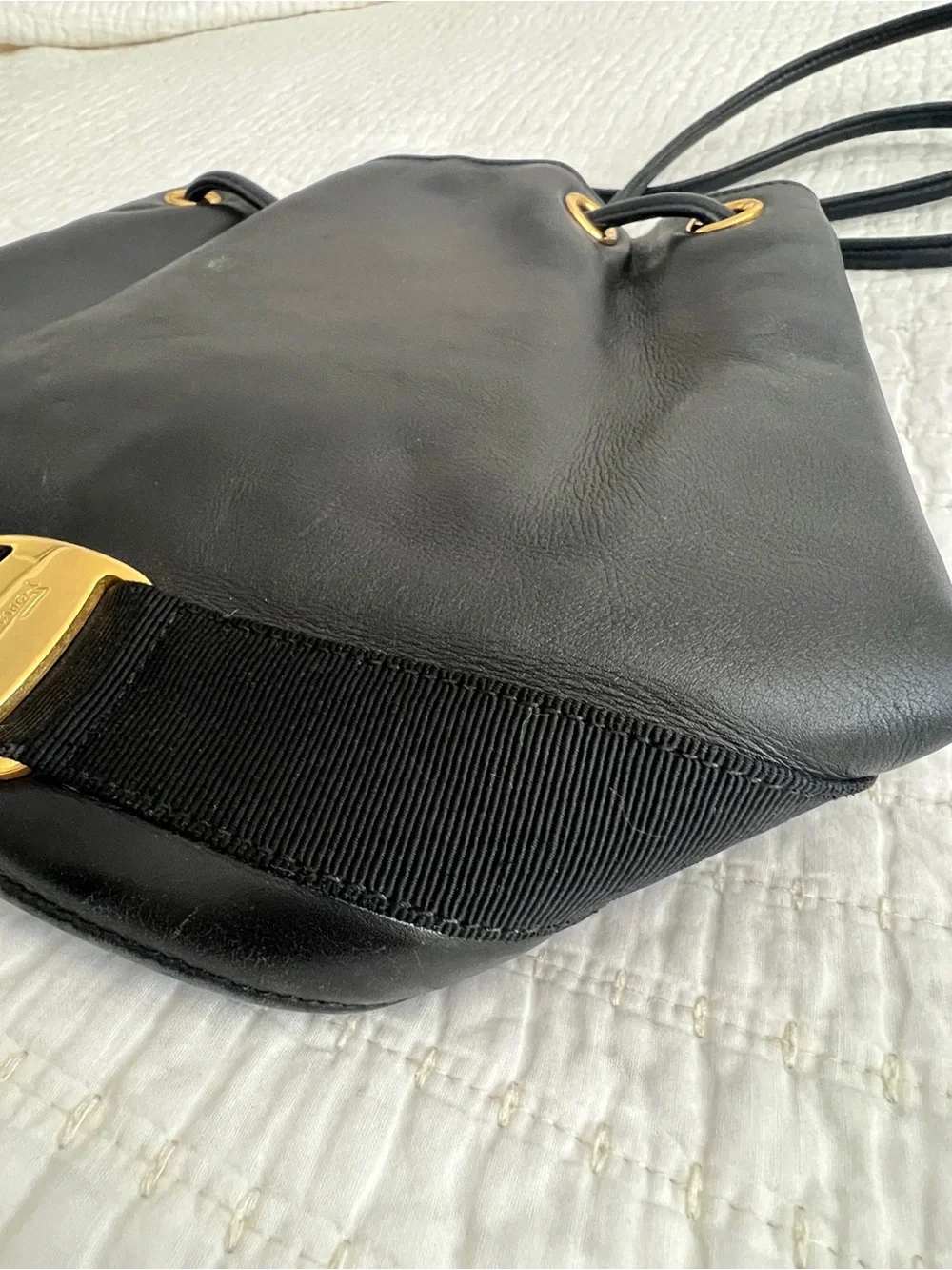 Vintage Salvatore Ferragamo Black Leather Drawstring Shoulder Bag - Picture 2 of 5